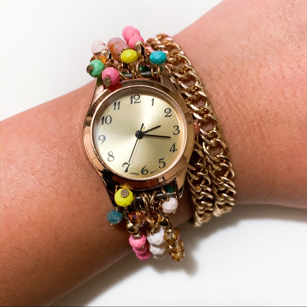 Pink and Gold Wrap Bracelet Wrist Watch